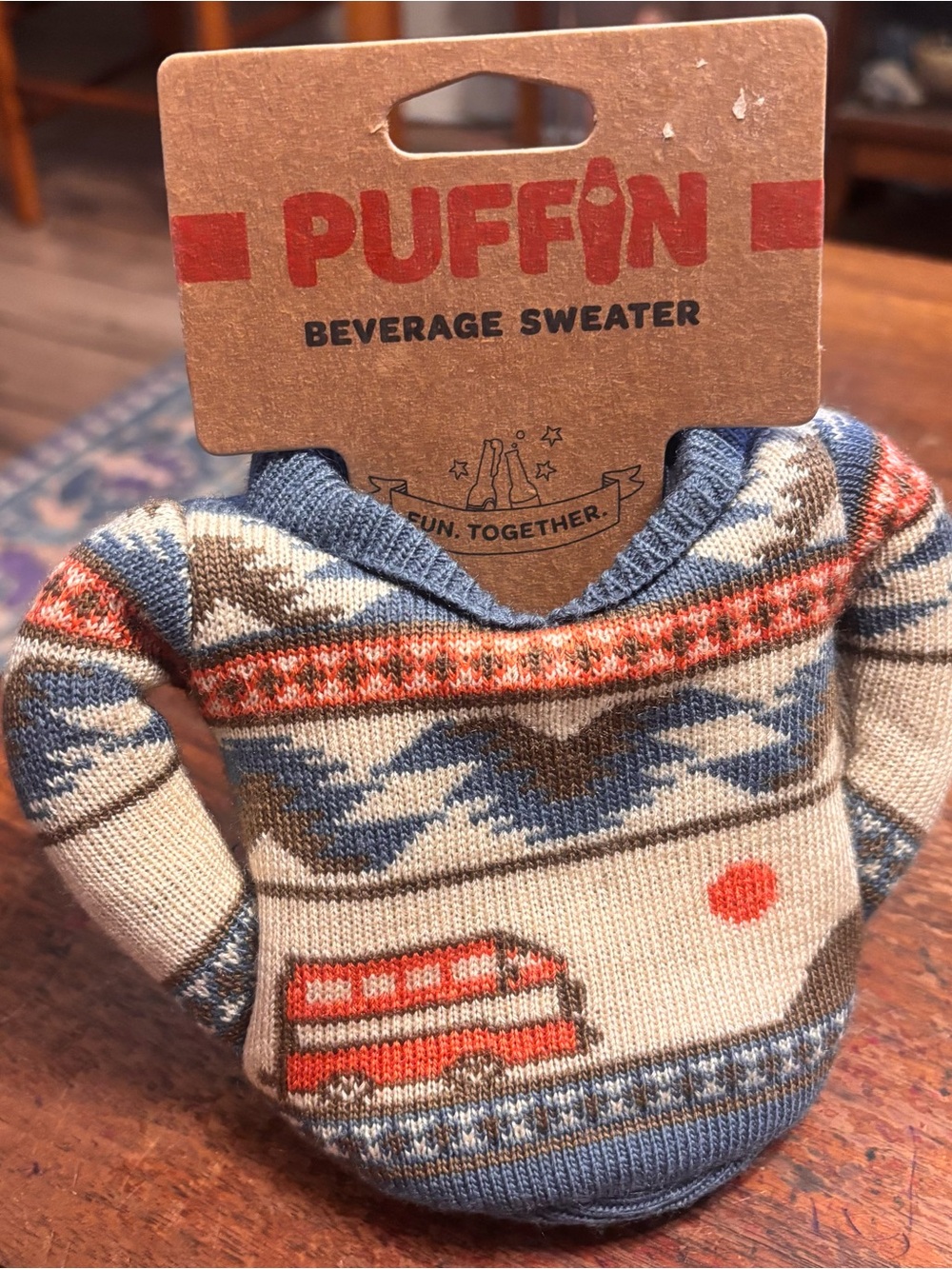 Puffin Men's Mini Beverage Sweater - Cream with Blue & Orange Pattern